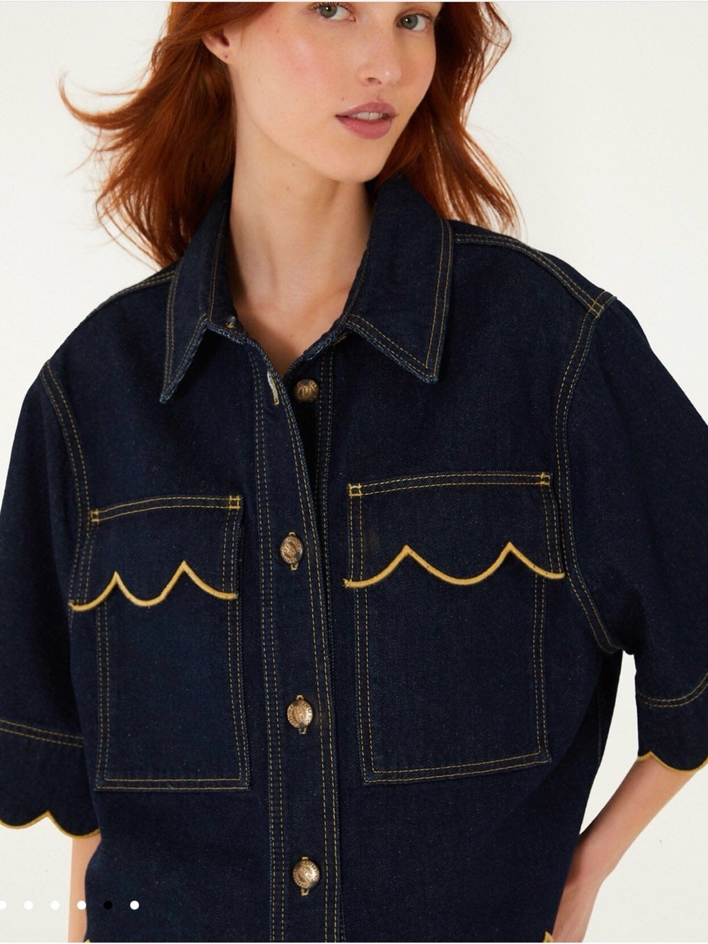 FARM Rio Dark Denim Wavy Hem Short Sleeve Shirt XS NWT